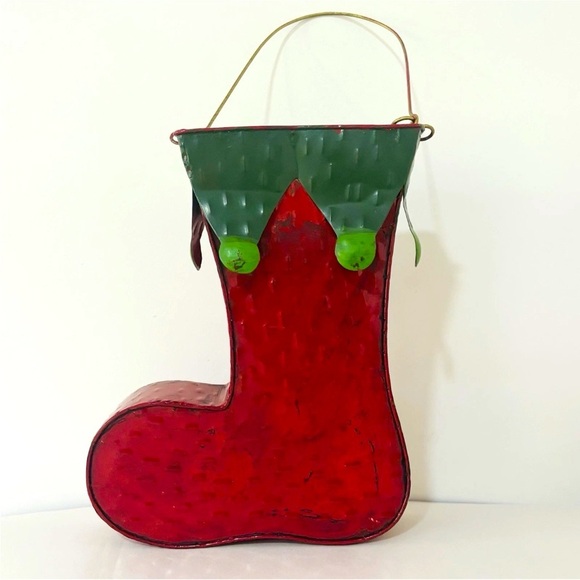 Vtg Metal Hanging Christmas Stocking Elf’s Boot Basket Decor Rustic Farmhouse - Picture 1 of 5